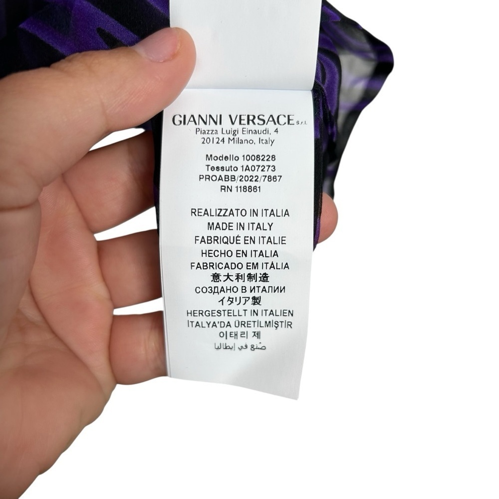 VERSACE Printed Silk Chiffon Shirt Black Orchid Purple Button Down Shirt Size 10 - Picture 12 of 14